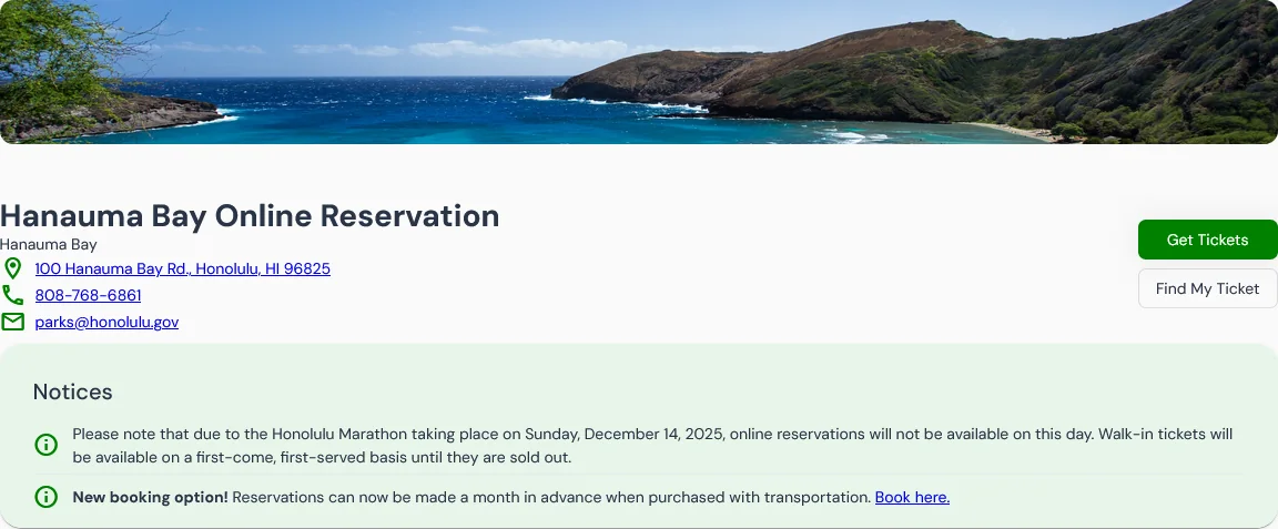 Official Hanauma Bay online reservation page with Get Tickets and Find My Ticket buttons