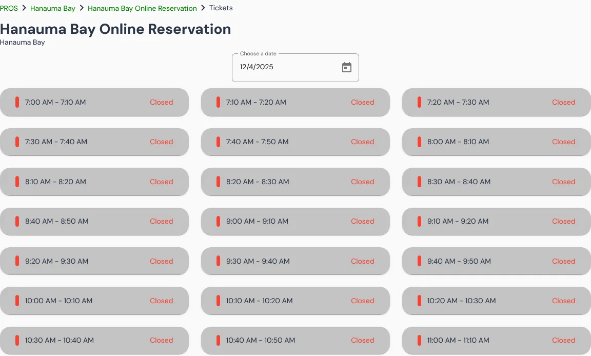 Example list of Hanauma Bay reservation time slots